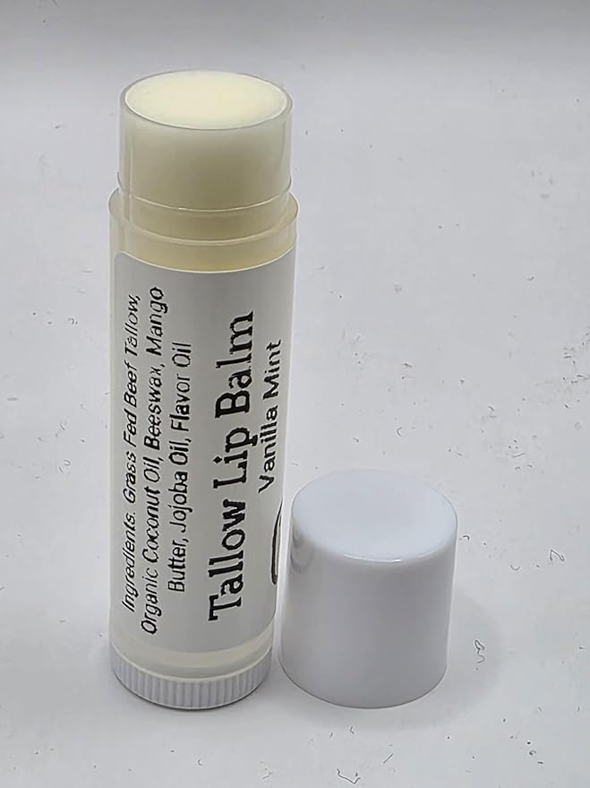Tallow Lip Balm (3 Pack) (Vanilla Mint) Handmade Natural Grass Fed Beef Tallow Lip Balm with Nourishing Oils