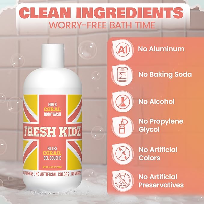 Fresh Kidz Body Wash for Kids and Teens - Gentle Bath and Shower Cleanser for All Skin Types - Girls "Coral", 16.9 Fl.Oz.