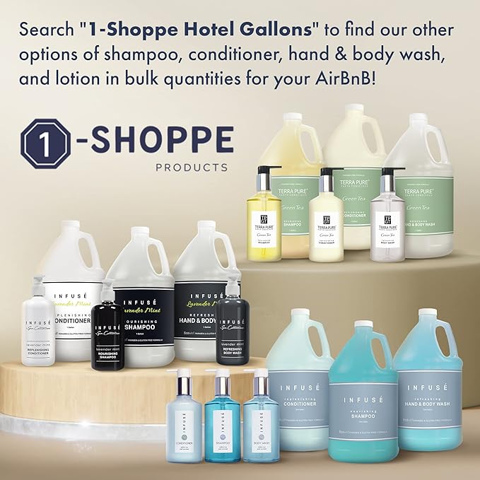 Terra Pure | Eco Botanics Gallon & Dispenser Set | 1-Shoppe Hotel Amenities Kit | Shampoo, Conditioner, Body Wash Gallon | Refillable 10.14oz Matching Pump Bottles
