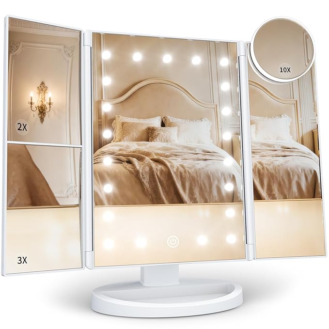 HUONUL Makeup Mirror, Vanity Mirror with Lights, 2X/3X/10X Magnification, Touch Control, Trifold, Dual Power Supply, Valentines Day Gifts for Her,Gifts for Women, Wife, Mom, Girls,Dorm Room Essentials