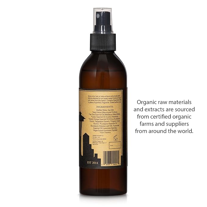 Seattle Pomade Co. Certified Organic Sea Salt Texture Spray. Made with organic materials from around the world.