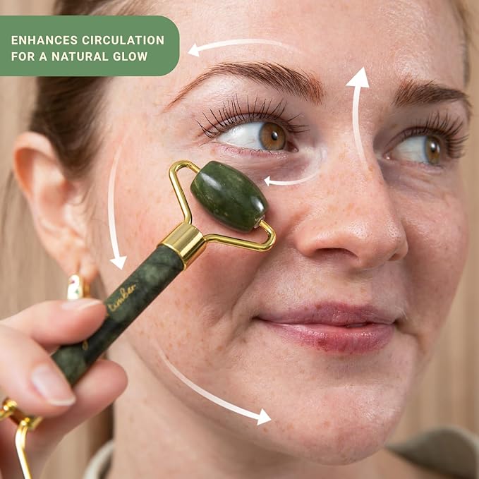 jade & timber Jade Roller & Green Sandalwood Gua Sha Set – Facial & Body Massage Tools for Lymphatic Drainage & Sculpting - Self Care Gift