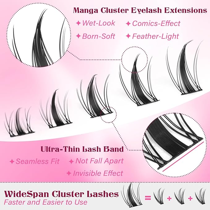 Fairy Lash Clusters Kit 8-16mm Manga Eyelash Clusters with 5-6mm Bottom Lashes C-curly Lash Extension Kit Spiky Anime Individual Lashes DIY Cluster Eyelash Extensions Kit Natural Thin Band Lash Kit