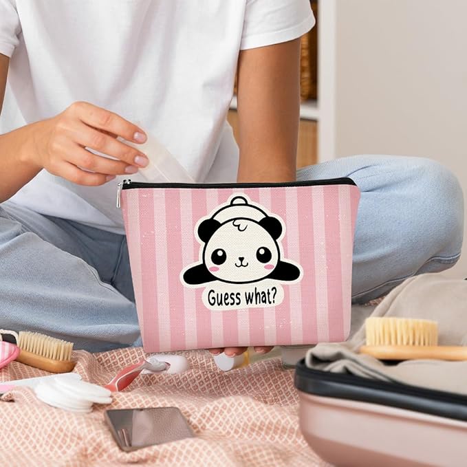 BARPERY Panda Gifts Makeup Bag for Women Girls, Cute Baby Panda 'Guess What It's Pug Butt' Cosmetic Case for Teens Daughter, Accessories (Pink Stripe)