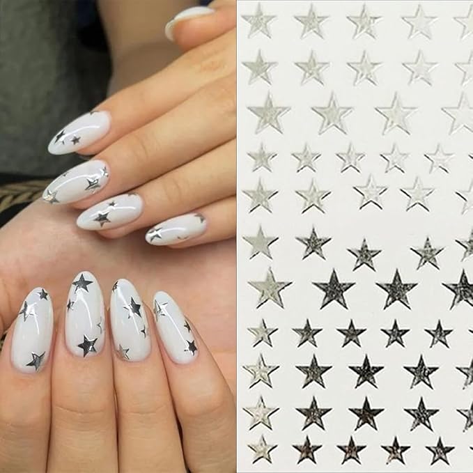 8Sheets Glitter Independence Day Stars Nail Art Stickers 3D Self Adhesive Shiny Glitters Starlight Nail Decals 4th of July Holographic Pentagram Design Decal for Woman DIY Manicure Decoration