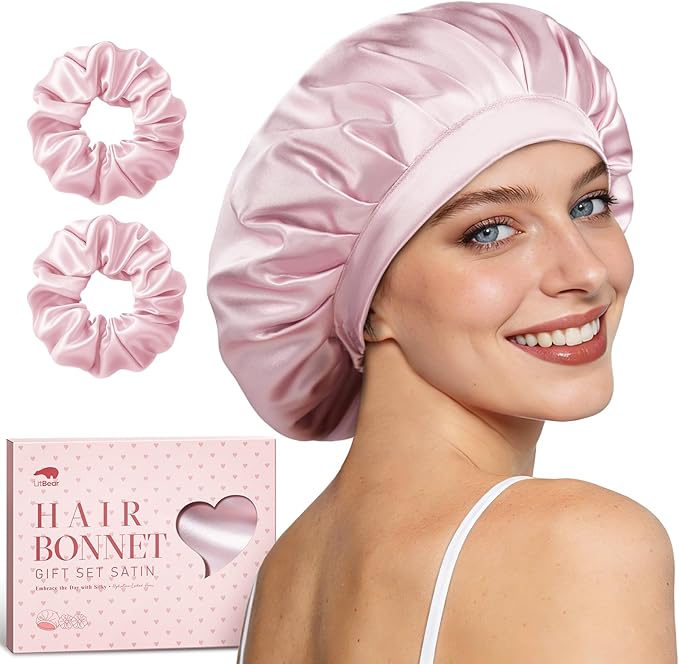 LitBear Silk Bonnet for Sleeping Women, Adjustable Double Layer Satin Silk Hair Bonnet with Scrunchies for Curly Natural Hair