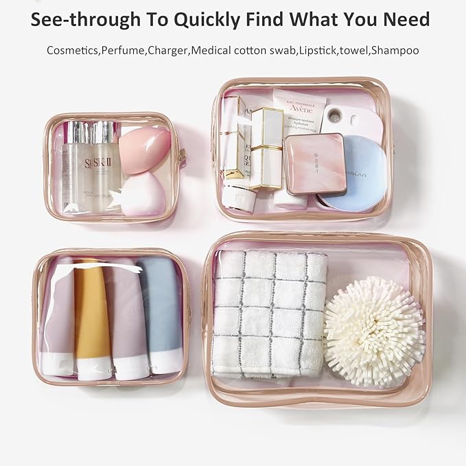 Clear Toiletry Bag, 4 Packs TSA Approved Water resistant Quart Size Travel Organizer, Airport Airline Travel Essential Carry On Makeup Cosmetic Bags for Women (Light Pink, Pack of 4)