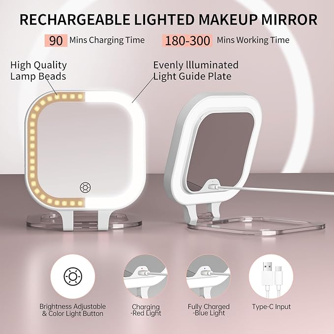 FUNTOUCH 4inch 1x 30x Magnifying Travel Makeup Mirror with Lights, Rechargeable Lighted Compact Mirror with Light, 3 Color Lighting, Double Sided Portable Handheld Hanging, Gifts for Women,White