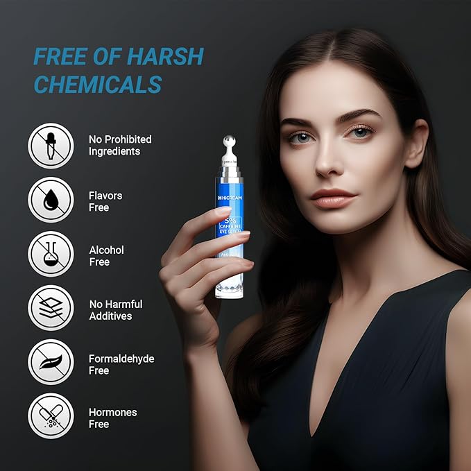 Hicream Eye Cream with 5% Caffeine Hyaluronic Acid for Puffy, Fine Lines, Dark Circles and Wrinkles, Under Eye Serum with 360° Roller Massage Ball, Eyelids Skin Care for Women & Men, 0.5 fl. oz