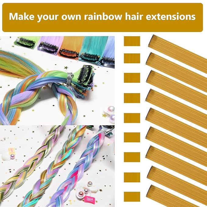 Colored Hair Extensions 14 PCS, 22 In Dream Rainbow Clip in Hair Extensions Party Highlights, Colorful Long Straight Synthetic Hairpieces for Cosplay Women Kids Gift(Gold)