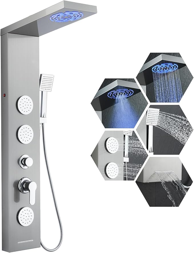 KINKIB Shower Panel Tower System for Bathroom - 5 In 1 Full Body Shower Tower With Led, Rainfall Shower Head With Powerful Body Jets, Handheld Shower and Tub Spout, Brushed Finish