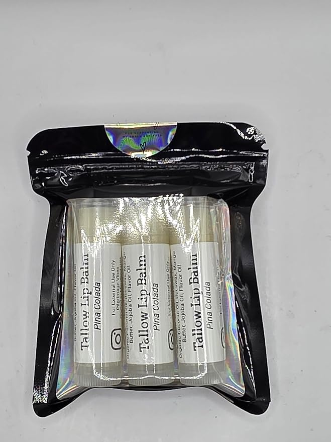 Tallow Lip Balm (Pina Colada) Handmade Grass Fed Beef Tallow Lip Balm with Nourishing Oils (3 Pack)