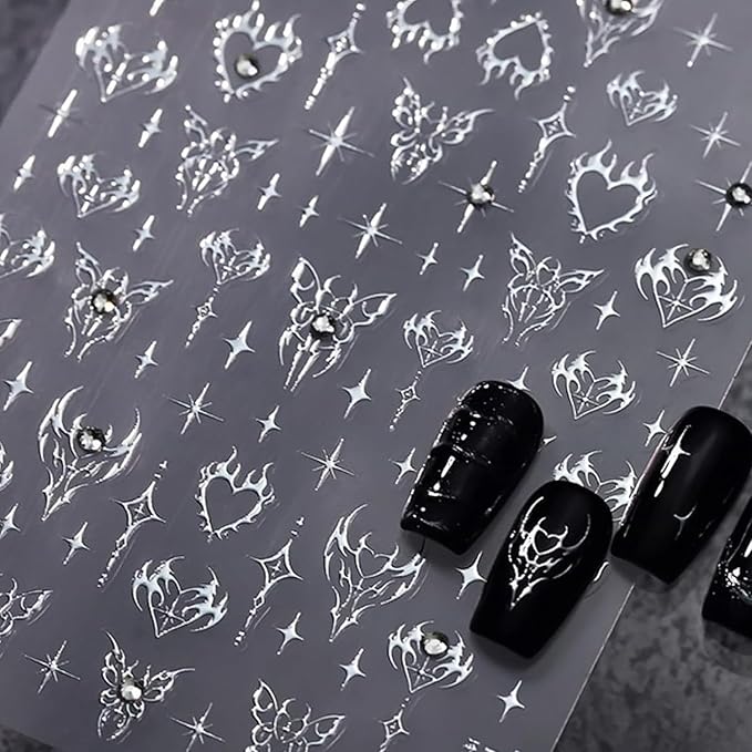 Silver Star Nail Art Stickers 5d Embossed Nail Decals for Nail Art Designs Butterfly Heart Star Nail Stickers Self Adhesive Rhinestone Nails Supplies for Women Girls DIY Manicure Accessrioss
