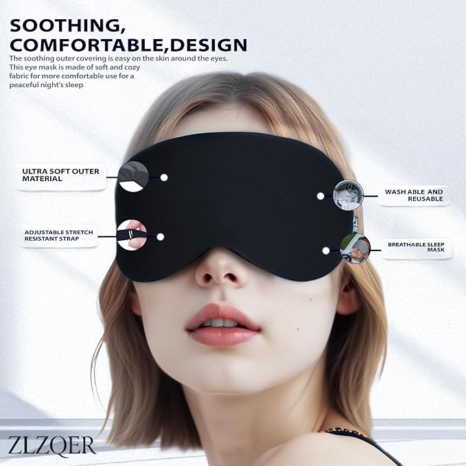 ZLZQER Cooling Cotton Eye Sleep Mask for Men & Women, Soft & Breathable, Pressure-Free Design for Side Sleepers, Adjustable Light Blocking Mask for Sleeping, Travel & Naps (Black)