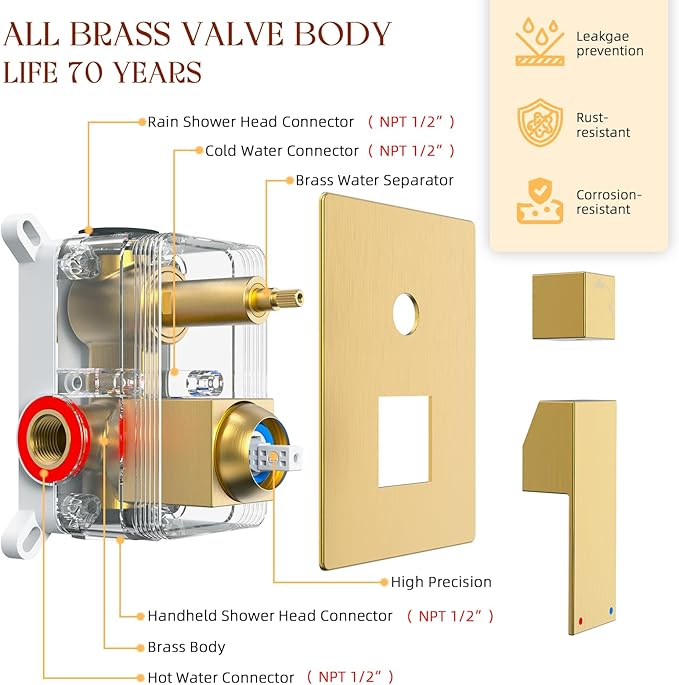 Longriver Shower Faucet Set, Shower System Bathroom High Pressure 12 Inches Rainfall Shower Head with Handheld Spray, Wall Mounted Shower Fixtures with Shower Valve and Trim Kit, Brushed Gold