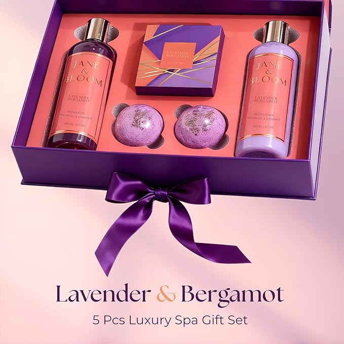 Gifts for Women who has Everything - Lavender & Bergamot Spa Gift Set – Luxury Bath & Body Collection with Shower Gel, Body Lotion & Bath Bombs – Relaxing Self Care Gift for Women – Jane & Bloom