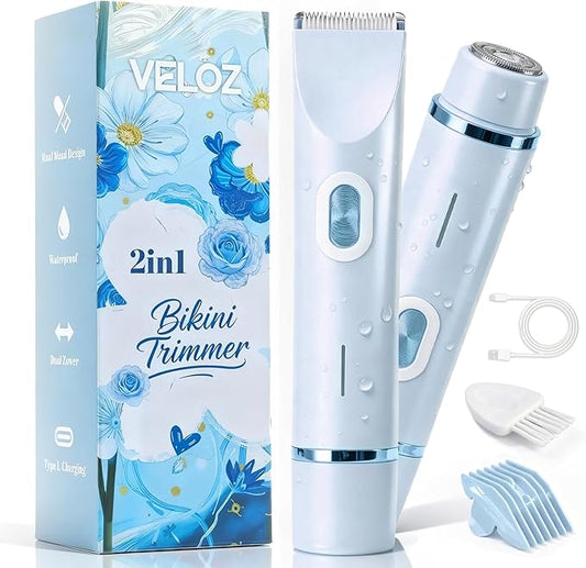 Upgrade 2-in-1 Bikini Trimmer for Women - IPX7 Waterproof & Gentle Electric Razors for Bikini Line, Legs, Underarms, Face - Portable Cordless Body Shaver for Trip, Ideal Women's Gift
