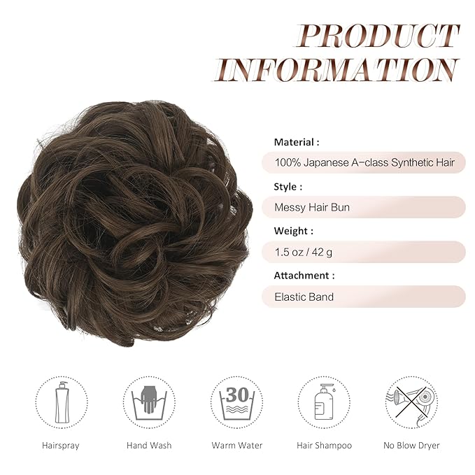 FESHFEN Messy Bun Hair Piece - Wavy Synthetic Chignon Scrunchies for Instant Volume, Elastic Bun Ponytail Hair Extensions Thick Hairpieces for Women, Medium Brown 1.50 oz
