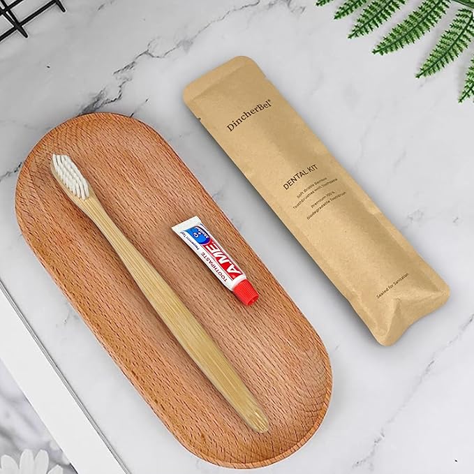 DincherBel Bamboo Toothbrushes Kit Bulk, Disposable Toothbrushes with Toothpaste(6g), Individually Wrapped Toiletries Amenities for Hotel, Airbnb, Homeless, Shelter, Camping and Travel (50 Pack)