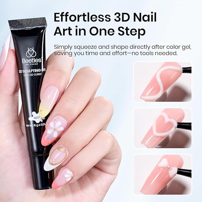 Beetles White Sculpting Gel for 3D Nail Art – Valentine's Day No Wipe 3D Rhinestone for Flowers Petals Ribbon & Relief Designs, Beginner Friendly UV/LED Nail Gel