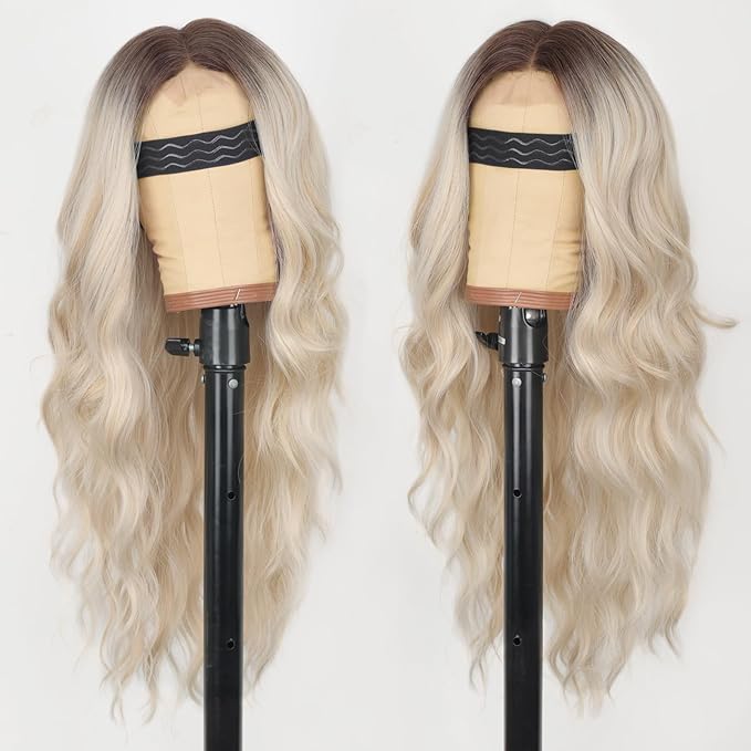 AISI HAIR Ombre Platinum Blonde wig Wig for Women, Long Wavy Lace Hairline Middle Part Synthetic Heat Resistant Wig for Daily Party-26 Inch