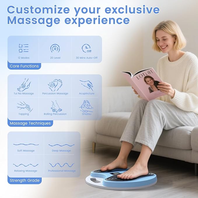 EMS Foot Massager for Neuropathy,NMES Foot Circulation Stimulator for Pain Relief, Plantar Fasciitis & Muscle Recovery,TENS Unit Muscle Stimulator with 4 Electrode Pads,12 Modes 20 Intensities