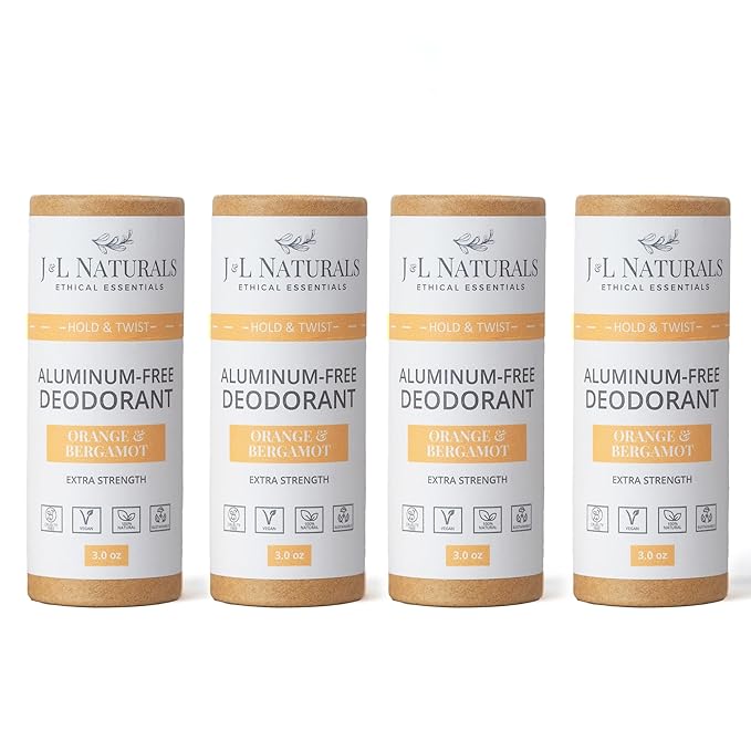 J&L Naturals Aluminum Free Deodorant for Men & Women | 100% Natural Ingredients With Coconut Oil, Shea Butter, & Essential Oils | Sustainable, Eco-Friendly (Orange & Bergamot, 3.0 Oz (Pack of 4))