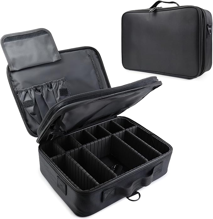 SLUMAZI Travel Makeup Bag Makeup Cosmetic Train Case Organizer Portable Storage Bag with Adjustable Dividers for Cosmetics Makeup Brushes Toiletry Jewelry Black Medium