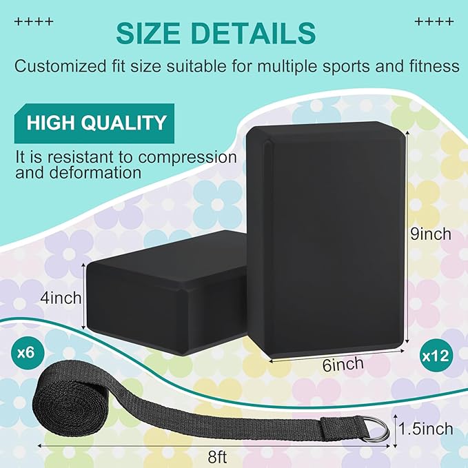 Meooeck 18 Pcs Yoga Block and Strap Set 9 x 6 x 3 Inch EVA Foam Non Slip Brick 8 ft Yoga Straps for Stretching D Ring Design Christmas Fitness Gifts for Women Pilates Workout Exercise