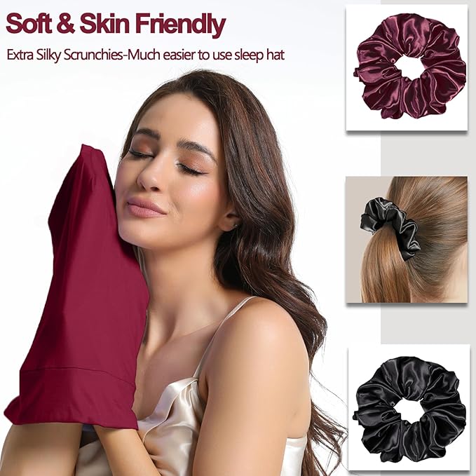 Satin Bonnet for Sleeping Night Cap, Adjustable Satin Lined Silk Bonnets Sleep Cap for Curly Hair Braids Beanie Black Women