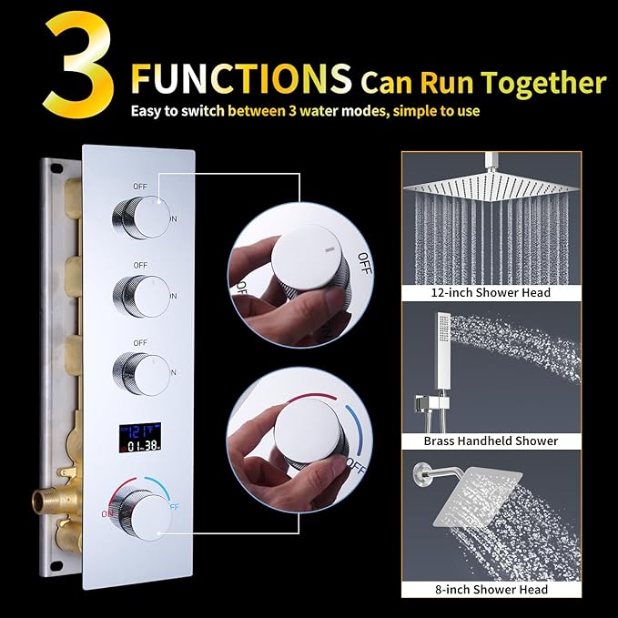 AYIVG Chrome Thermostatic Rainfall Shower System 12 Inch And 8 Inch Dual Square Shower Head System Ceiling Mount Bathroom Temperature Display Shower Faucet Set With Handled Spray