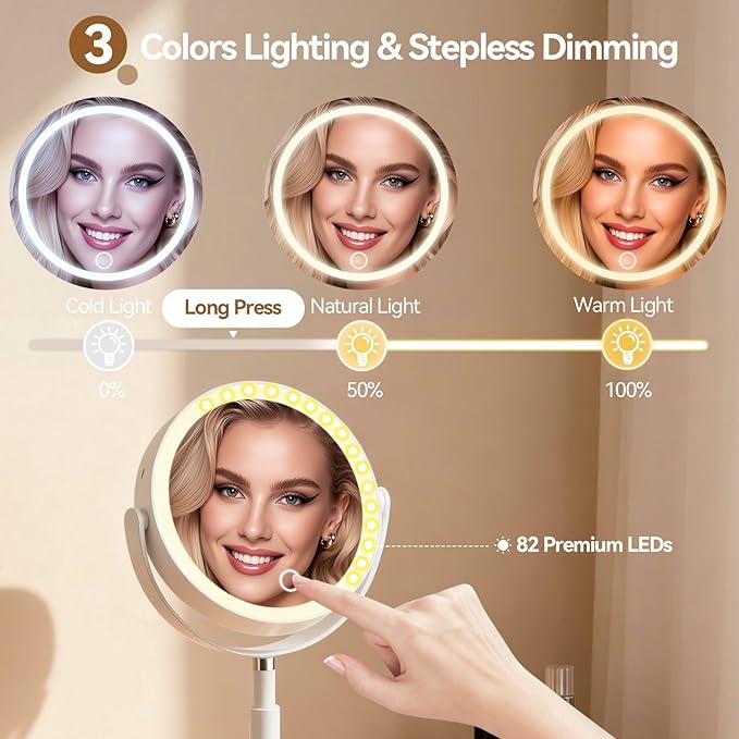 Shinowa Makeup Mirror with Lights, 1X/20X Lighted Makeup Mirror with Storage for Makeup & Jewelry, 2-Sided Height Adjustable Magnifying Mirror with 3 Color Lights, 360° Rotation & Rechargeable, White