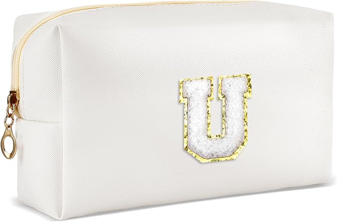 URSKYTOUS Gifts for Girls Initial Makeup Bag Personalized Cosmetic Bag with Zipper Cute Travel Toiletry Bags Waterproof PU Preppy Makeup Pouch Birthday Gift for Teen Girls Women(White U)