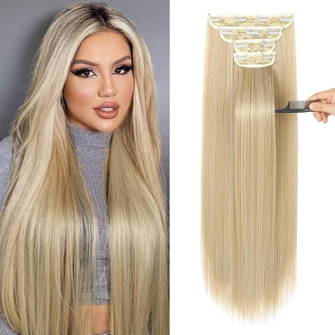 REECHO Hair Extensions, 24" Straight Long Thick 4 PCS Set Thick Clip in on Hair Extensions -Medium Blonde