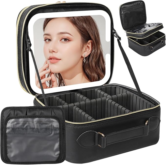Behaesty Travel Makeup Bag with LED Mirror Double Layer, Detachable Vanity Mirror with Lights, Tri-light Dimmable, Makeup Case with Adjustable Dividers and Brush Holder Cosmetic Organizer Storage Box