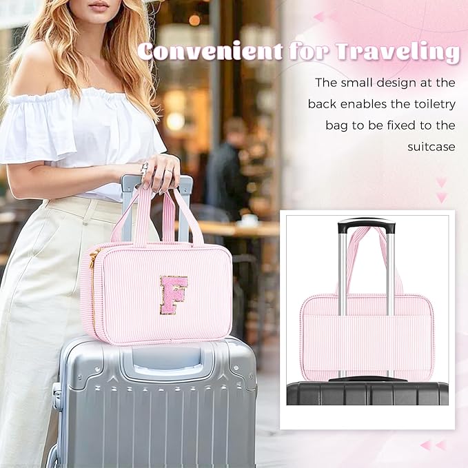 Fystdtote Toiletry Bag for Women,Personalized Initial Cute Makeup Pouch for Girlfriend Bridesmaid Wife | Travel Cosmetic Bag for Friend Female Sister | Birthday Gift Idea for Her Mom - Pink F