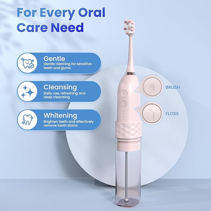 UNINGOPI Portable Electric Toothbrush with Water flosser, 2 in 1 Teeth Cleaning Kit, Electricc, Toothbrush and Water flosser Combo, Travel Toothbrush with Water Bottle(Pink)