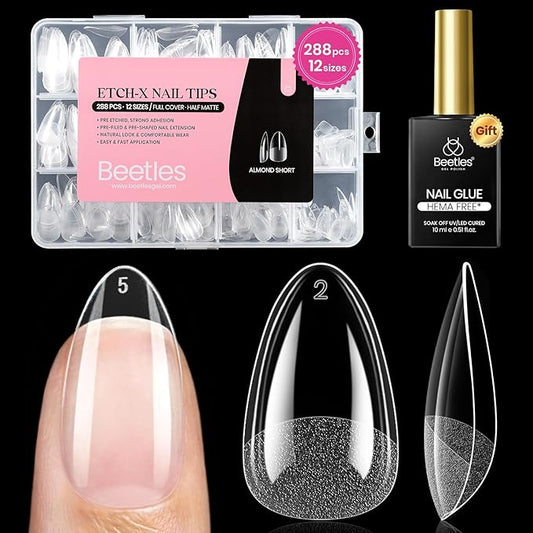Beetles Gel Nail Kit Etch-X, Almond Short, 288pcs 12 Sizes Nail tips, with 10ml Hema-Free Nail Glue Gel, Glue on Nails for Acrylic Press On Nail, Pre-Etched Half Matte Extension Set for Home DIY