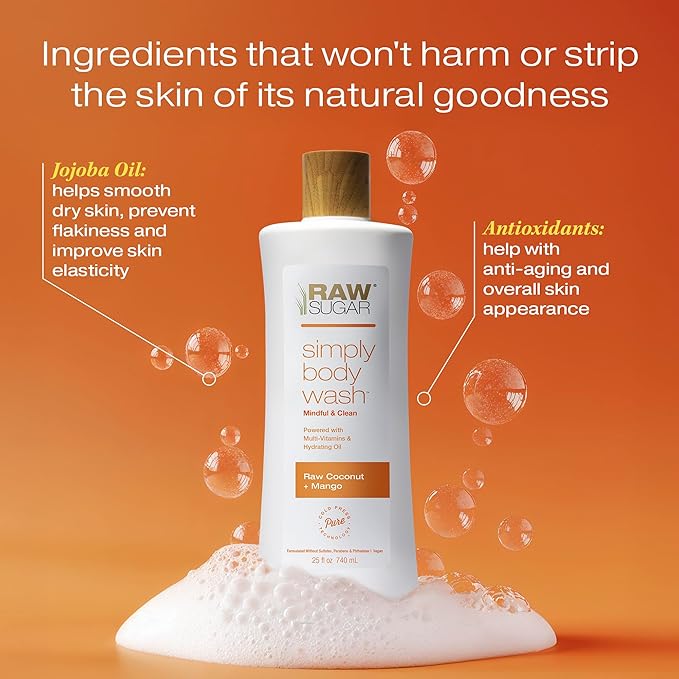 RAW SUGAR Coconut Mango Glow Gentle & Hydrating Body Wash, 20 Fl Oz (Pack of 3), Moisturizing & Brightening Bath & Shower Gel, Vegan, Formulated without SLS/SLES & Parabens