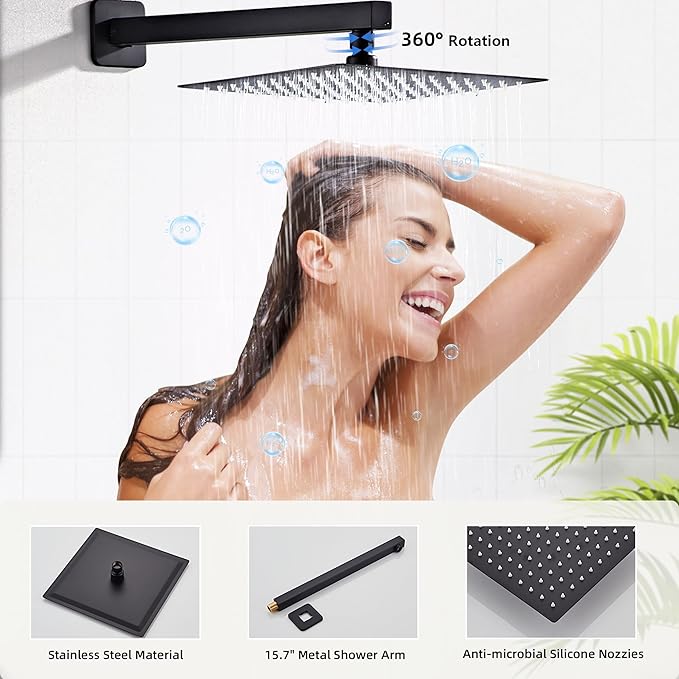 LCEVCGK Shower Faucet Set, Matte Black Rainfall Shower System Complete Wall Mounted for Bathroom with 8 Inch Square Shower Head and Handheld Shower Head Rain Mixer Combo Set