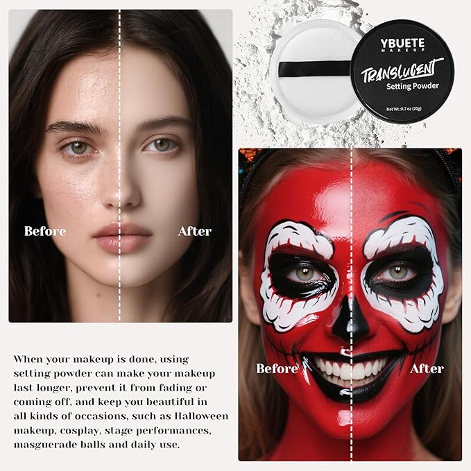 White Black Face Body Paint Stick Set with Translucent Setting Powder and Sponges, Professional Full Coverage Face Painting for Adults Halloween Cosplay SFX Skull Zombie Skeleton Goth Makeup