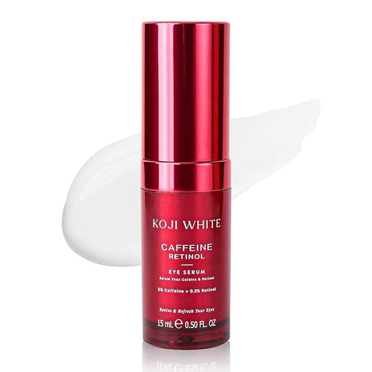 Koji White 3% Caffeine Eye Serum for Puffiness & Dark Circles with 0.2% Retinol, Peptides, Hyaluronic Acid & Vitamin C - Fragrance-Free, Unscented for Sensitive Skin, Vegan Skincare 0.50 Fl Oz