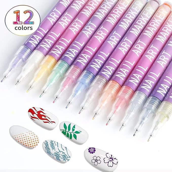 Nail Art Pens 12 Colors Nail Art Pens Set, Nail Art Markers Fine Tip Nail Polish Pens Drawing Painting Pen for Home Salon, Quickly Dry Nail Art Nail Markers DIY Decoration for Women Girls
