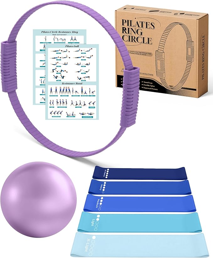 Pilates Ring Set, Home Pilates Kit for Women Pilates Equipment Ring and Ball Set Magic Circle Hoop with 5 Resistance Bands Compact Toning Fitness Essentials Starter Set Accessories