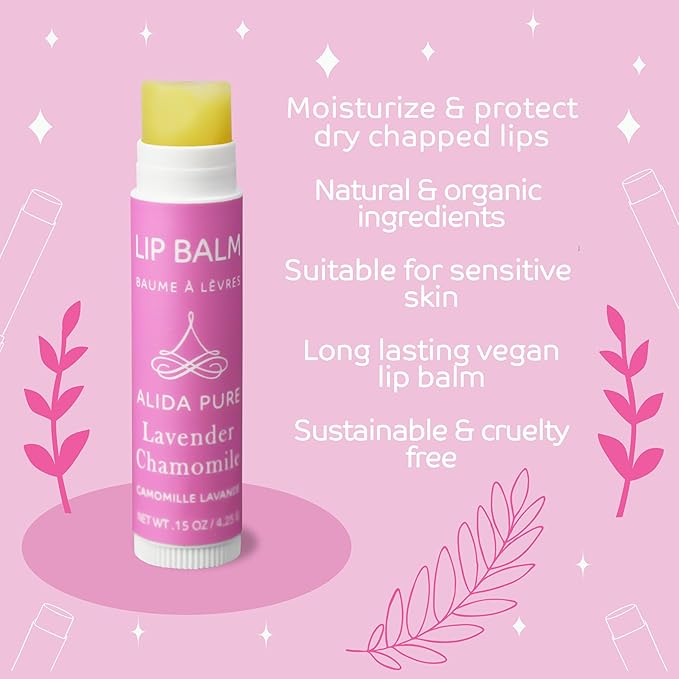 ALIDA PURE Lavender Chamomile Lip Balm Collection, Vegan Set, Beeswax Free, with Organic Jojoba and Avocado Oil, Vitamin E, Natural Moisturizer for Dry, Chapped Lips, 3 Tube Set