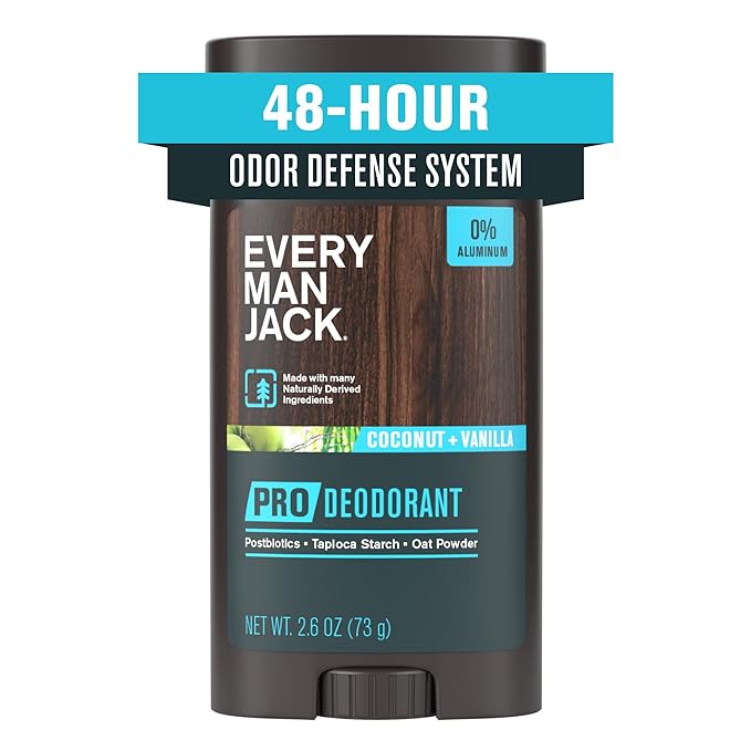 Every Man Jack Men's Pro Deodorant - 48-Hour Odor Defense Blend - Aluminum Free - Contains Postbiotics, Tapioca Starch & Oat Powder - Coconut + Vanilla Scent - 2.6 oz - 1 Pack