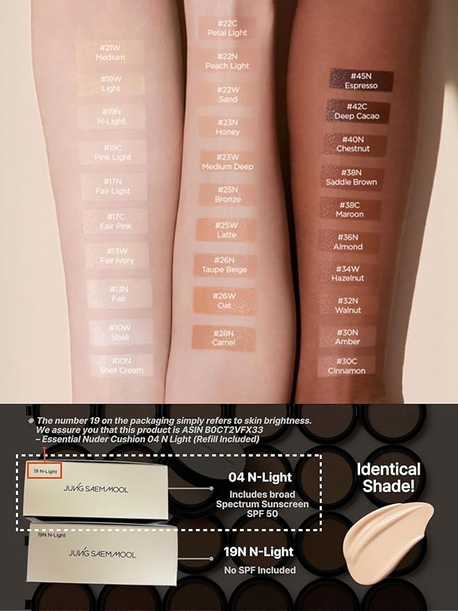 JUNG SAEM MOOL Essential Skin Nuder Cushion | Natural Finish, Buildable Coverage Cushion Foundation by Korean Makeup Artist (Refill Included, 0.98 Fl Oz, SPF 50), 19 N-Light