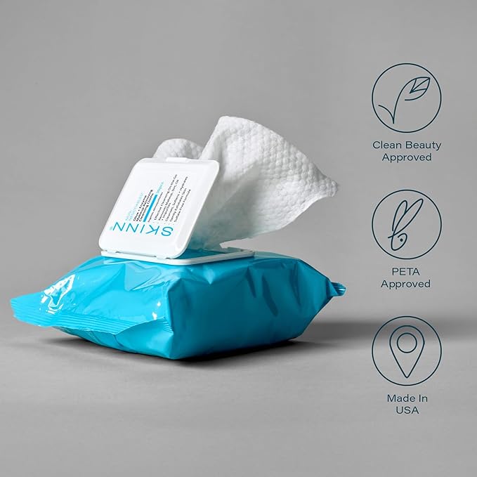 SKINN Facial Cleansing Makeup Remover Wipes - Hydrating Makeup Removing Cloths for Waterproof Mascara, Makeup, Oil, & Dirt - Disposable Face Towelettes that Gently Exfoliates, Cleanses, & Softens Skin