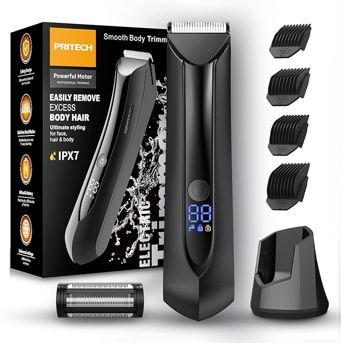 PRITECH Electric Body Hair Trimmer - Waterproof Mens Groin Hair Trimmer Ball Shaver USB Recharge Dock Body Grooming Kit with Ceramic Blade Male Hygiene Razor (Drak Gray)