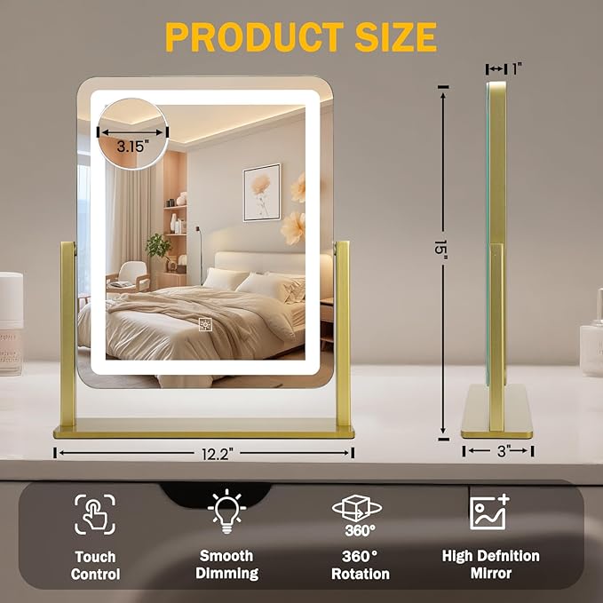 Vanity Mirror with Lights, 12.2"×15" Large LED Makeup Mirror with Light, HD Mirror, Smart Touch with 3-Color Lighting, Dimmable, 360° Rotation, Lighted Up for Vanity Desk Tabletop, Bedroom (Gold)